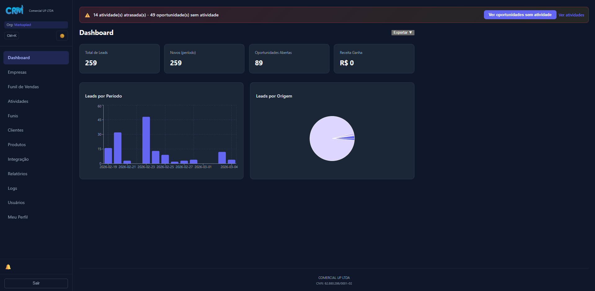 Interface do CRM Comercial UP